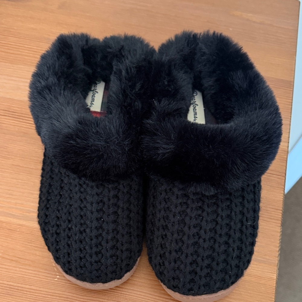 dearfoams Black Knit Faux Fur Cuff Women's Slip-On Slippers